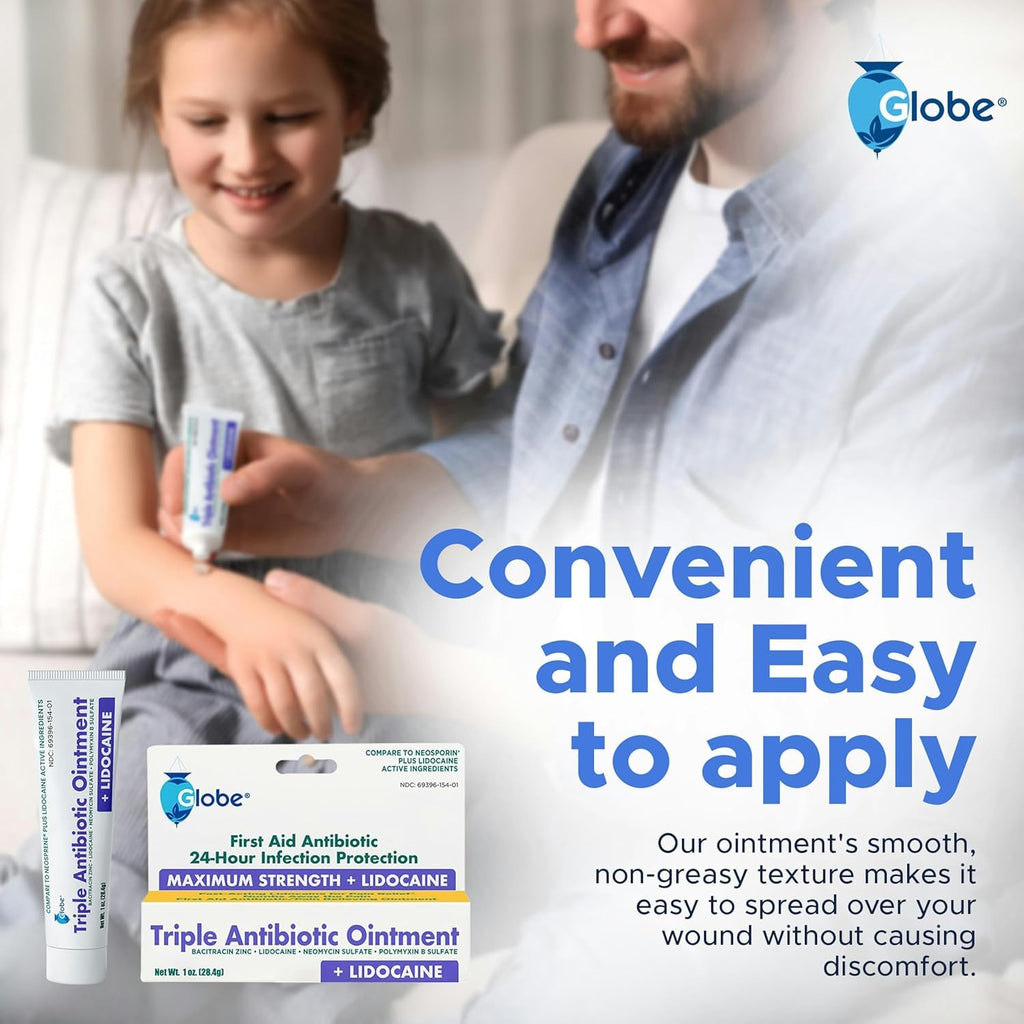 Globe (4-Pack) Lidocaine First Aid Antibiotic Ointment 1 Oz - Maximum Strength Pain Relief & Infection Protection - Numbs Skin Fast with Lidocaine - Emergency Use & Infection Protection