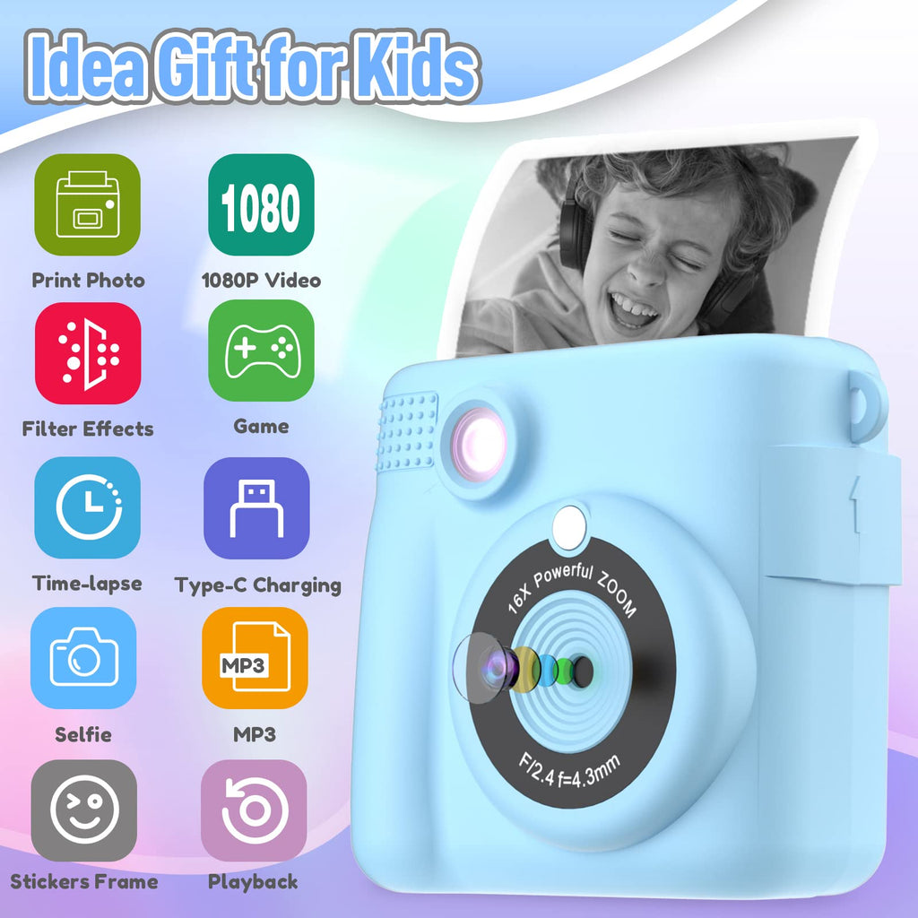 ESOXOFFORE Kids Camera Instant Print, Christmas Birthday Gifts for Kids Age 3-12, Selfie Digital Camera with 1080P Videos,Toddler Portable Travel Toy for 4 5 6 7 8 9 Year Old Boys Girls-Blue