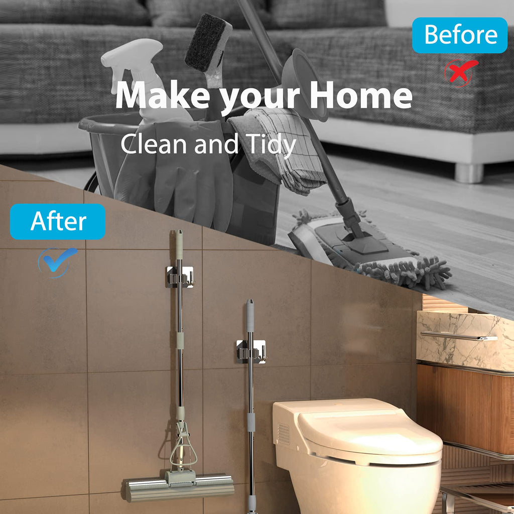 homeasy Mop Broom Holder No Drill, Mop Broom Organizer Wall Mounted Heavy Duty with Hooks Hanger, Self Adhesive Stainless Steel 6Pcs for Bathroom, Kitchen, Office (Silver)