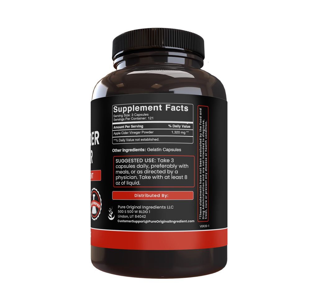 Pure Original Ingredients Apple Cider Vinegar (365 Capsules) No Magnesium Or Rice Fillers, Always Pure, Lab Verified