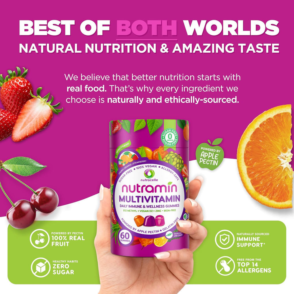 NUTRAMIN Daily Vegan Keto Multivitamin Gummies Non-GMO Natural Vitamin C D + Zinc for Immunity, Plant-Based, Sugar-Free, Nut-Free, Gluten-Free, Biotin, Vitamin A, B, B6, B12 60 Ct, 30 Days (60 Count)