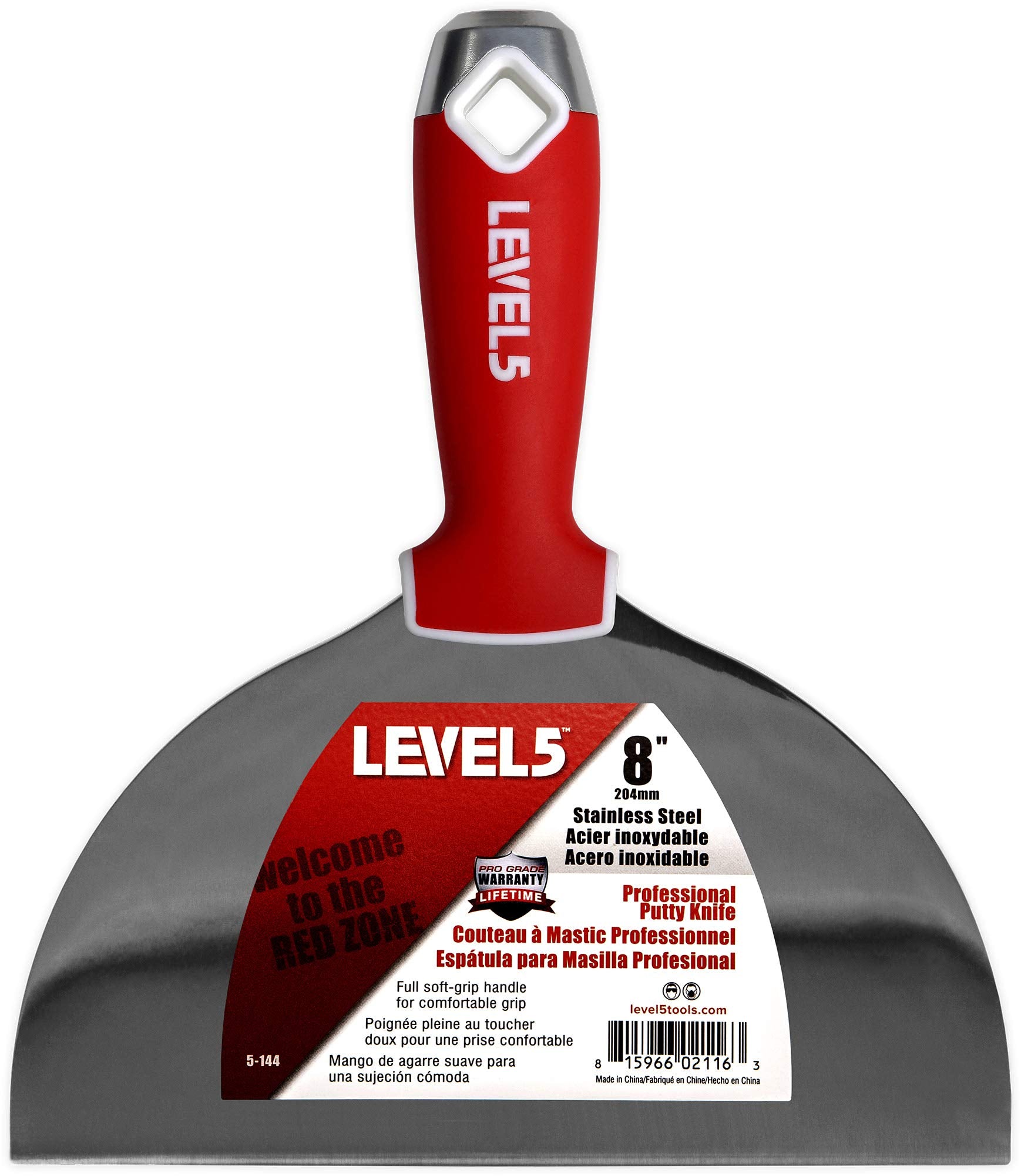 8" Soft-Grip Stainless Steel Drywall Joint Knife - LEVEL5 | Pro-Grade | Comfortable Finishing Hand Tool | Metal Hammer End | Sheetrock Gyprock Plasterboard Mud | 5-144