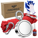 FINDMAG 1000 LBS Fishing Magnet Kit, Double Sided Stong Magnet Fishing with Rope, Magnetic Fishing Tool for Retrieving Items in River, Lake, Beach, Lawn - 2.95inch Diameter