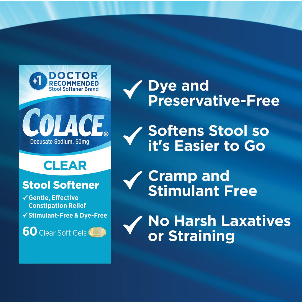 Colace Clear Stool Softener Soft Gel Capsules, 60 Count, Constipation Relief, 50 mg Docusate Sodium, Doctor Recommended
