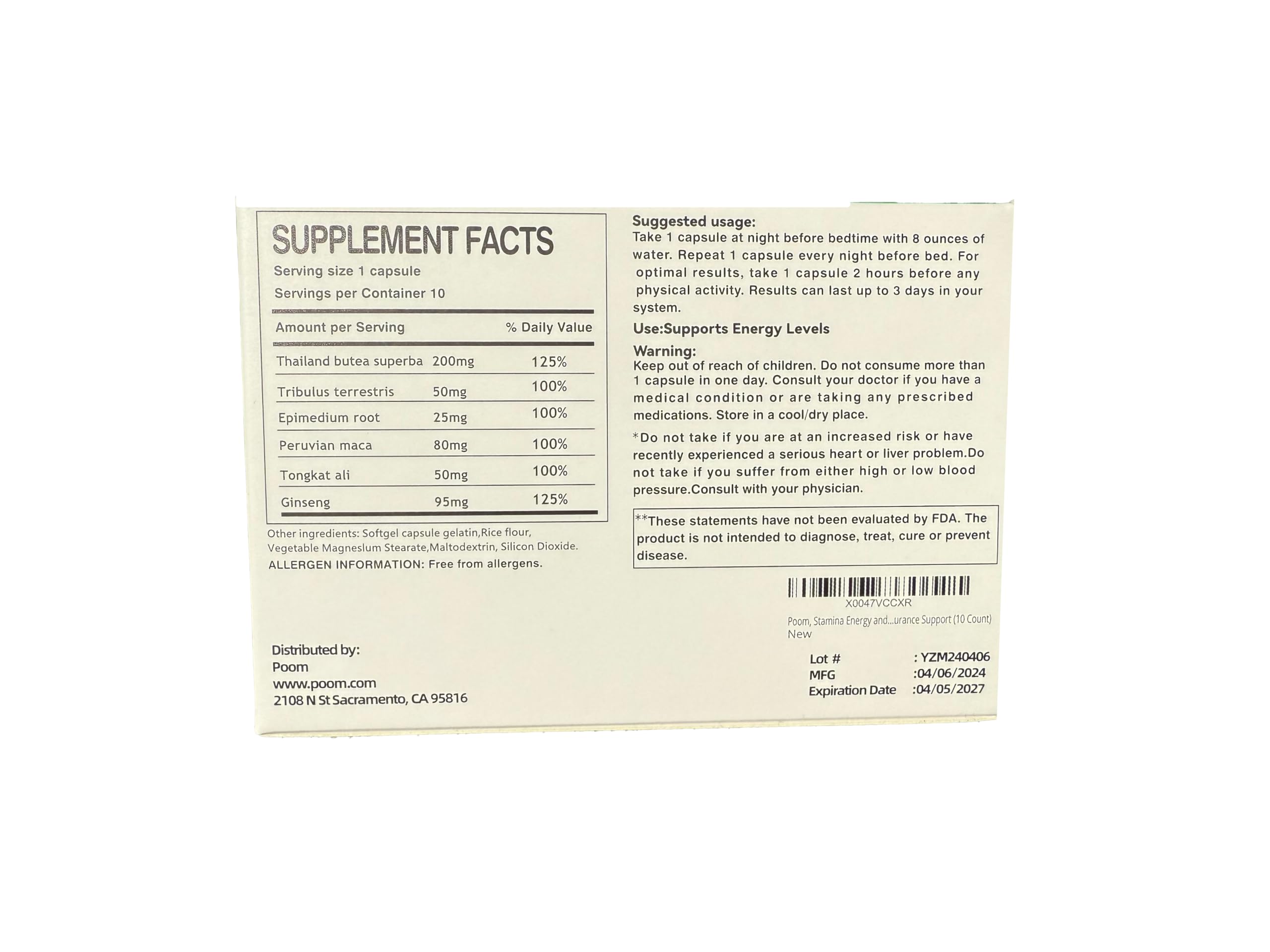 Poom, Stamina Energy and Endurance Support (10 Count)