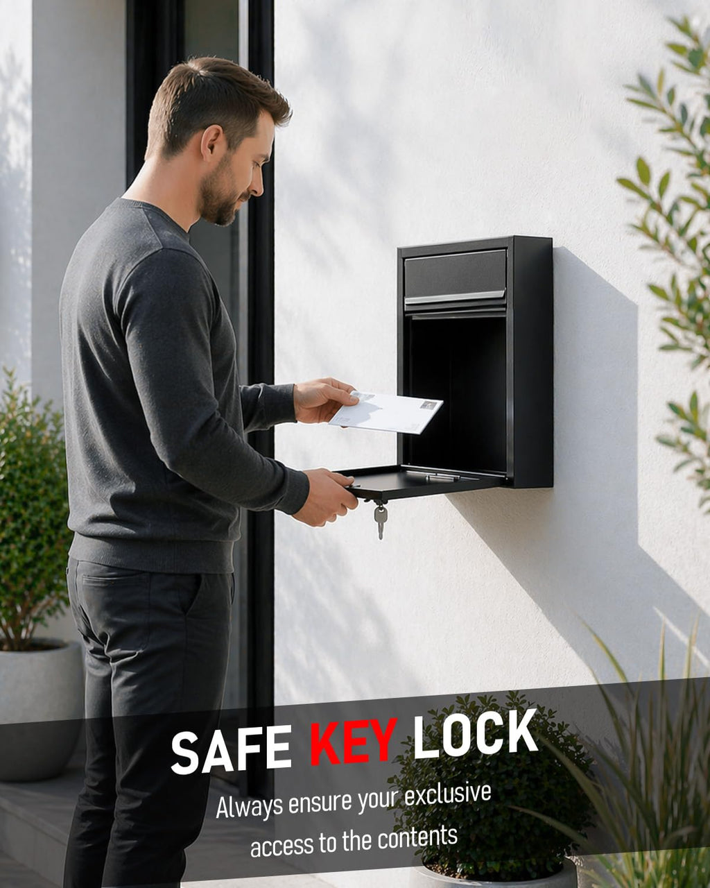 Uniclife Wall Mount Mailbox for Outside, Locking Mail Box, Large Mailbox with Key Lock, Security Mail Box for House, Safe Key Drop Box, Post Box, Steel Cash Drop Box for Home Office School, Black