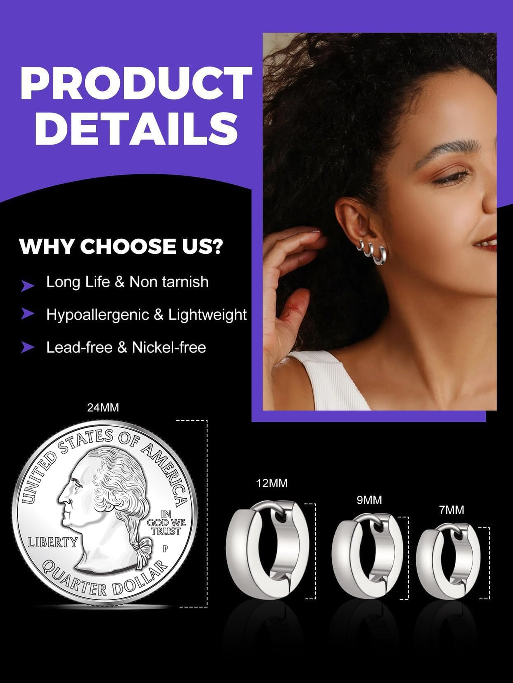 Richsteel 3 Pairs Mens Hoop Earrings Sets, Hypoallergenic Stainless Steel