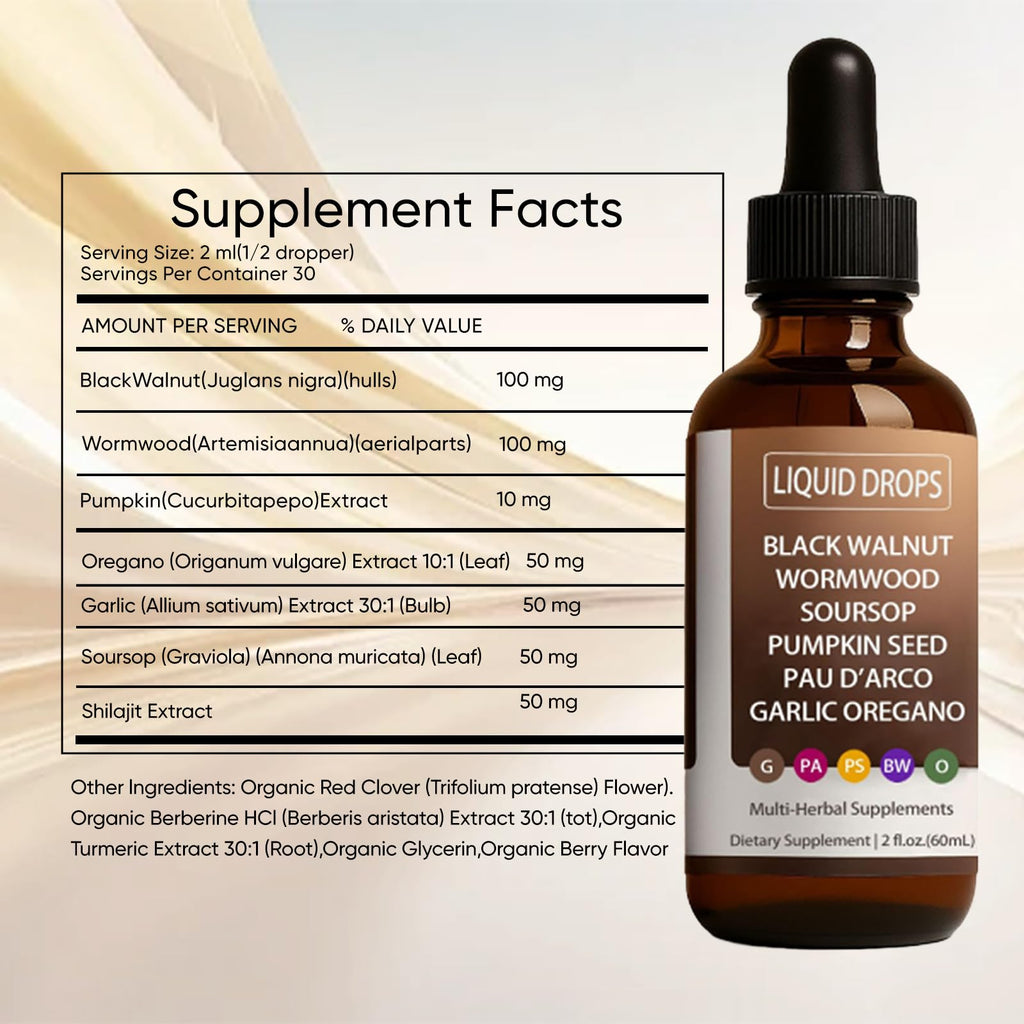 FWPTEI Vello Black Walnut Wormwood Gut Cleanse, Wormwood Black Walnut Clove Drops, Gentle Gut Cleanse & Health & Absorption, with Pumpkin Seed,PAU D'arco, Soursop (1)
