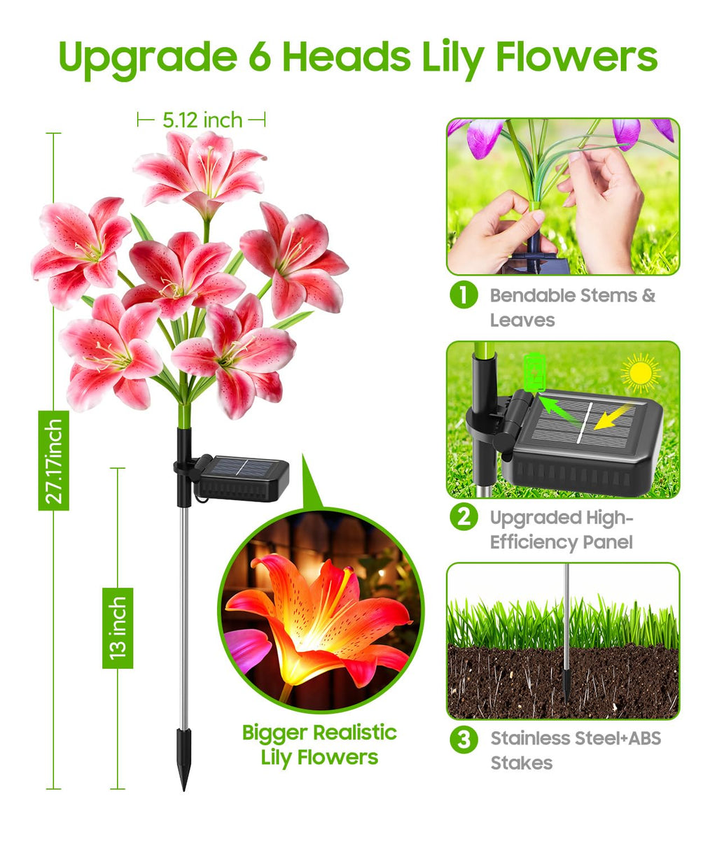 LETMY 8 Pack Solar Garden Lights, Solar Flower Lights with 6 Head Bigger Lily Lights, IP65 Waterproof Solar Lights Outdoor, Decorative Lights for Garden, Patio, Yard, Flower Bed