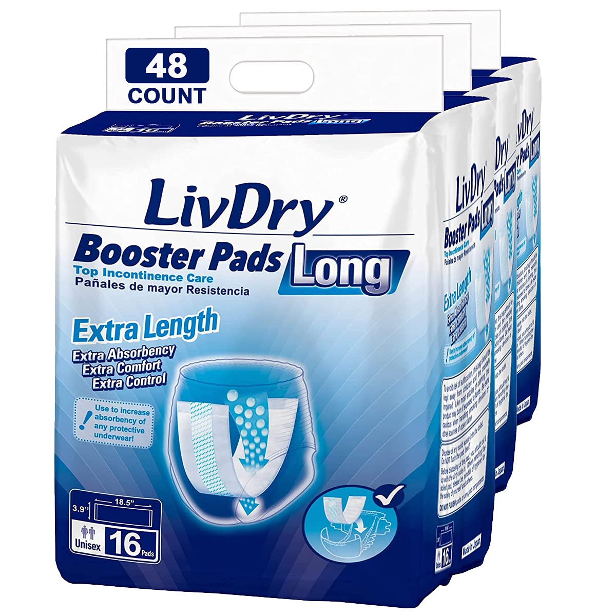 Incontinence Booster Pads by LivDry | Extra Absorbent Protection for Adults, Unisex | Disposable Comfortable Pad (48 Count, Long Length)