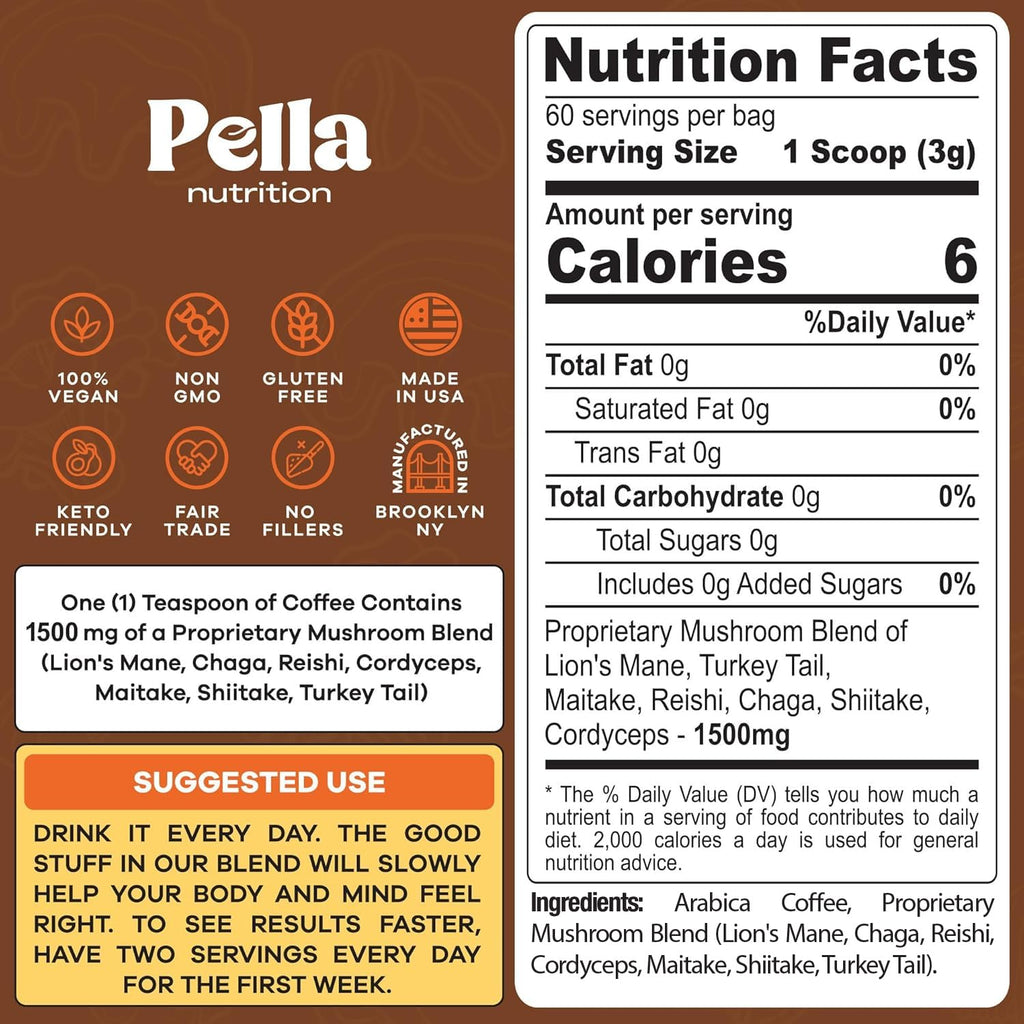 Low-Caffeine Mushroom Coffee (60 Servings) – Superfood Great Tasting Instant Coffee – Includes Lion's Mane, Reishi, Chaga, Cordyceps, Shiitake, Maitake, and Turkey Tail Mushroom Supplement