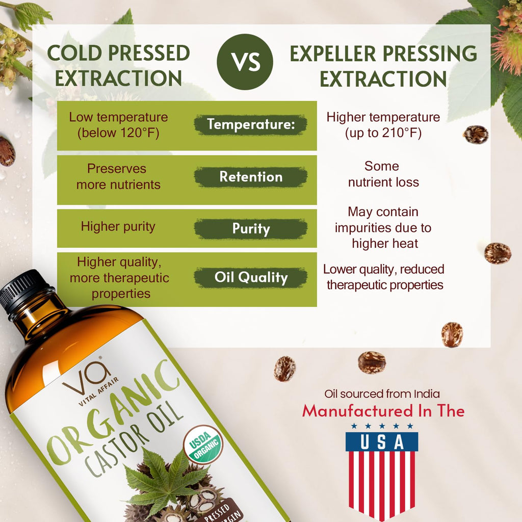 VITAL AFFAIR Pure Organic Castor Oil 946 Ml(32 Oz)- Cold Pressed, Unrefined, USDA Certified Organic - Glass Bottle for Hair Growth, Eyelashes, Eyebrows, Face