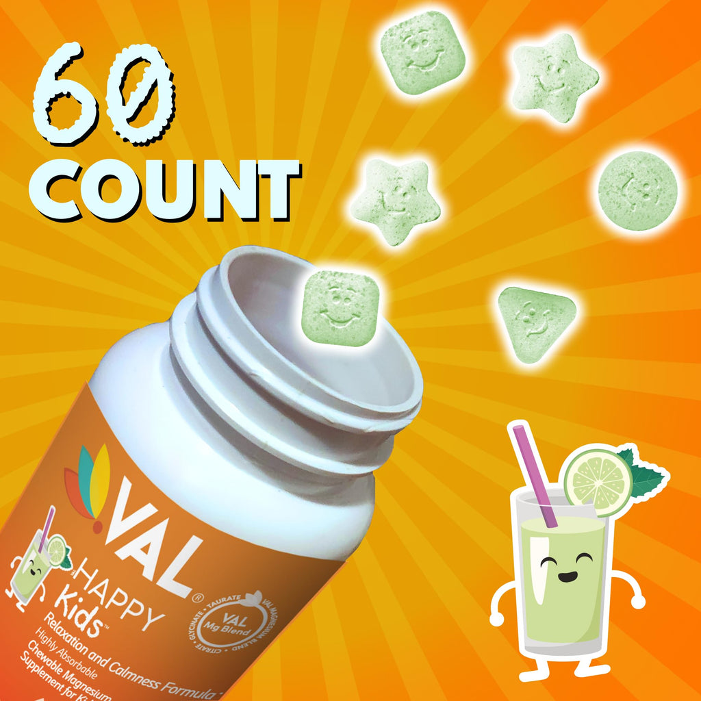 VAL Magnesium for Kids | High-Absorption Magnesium for Calm, Relaxation & Focus | Mg Glycinate, Citrate & Taurate | with Vitamin B6, D & C | Sugar-Free, Non-GMO | Lemonade | 60 Chewable Tablets