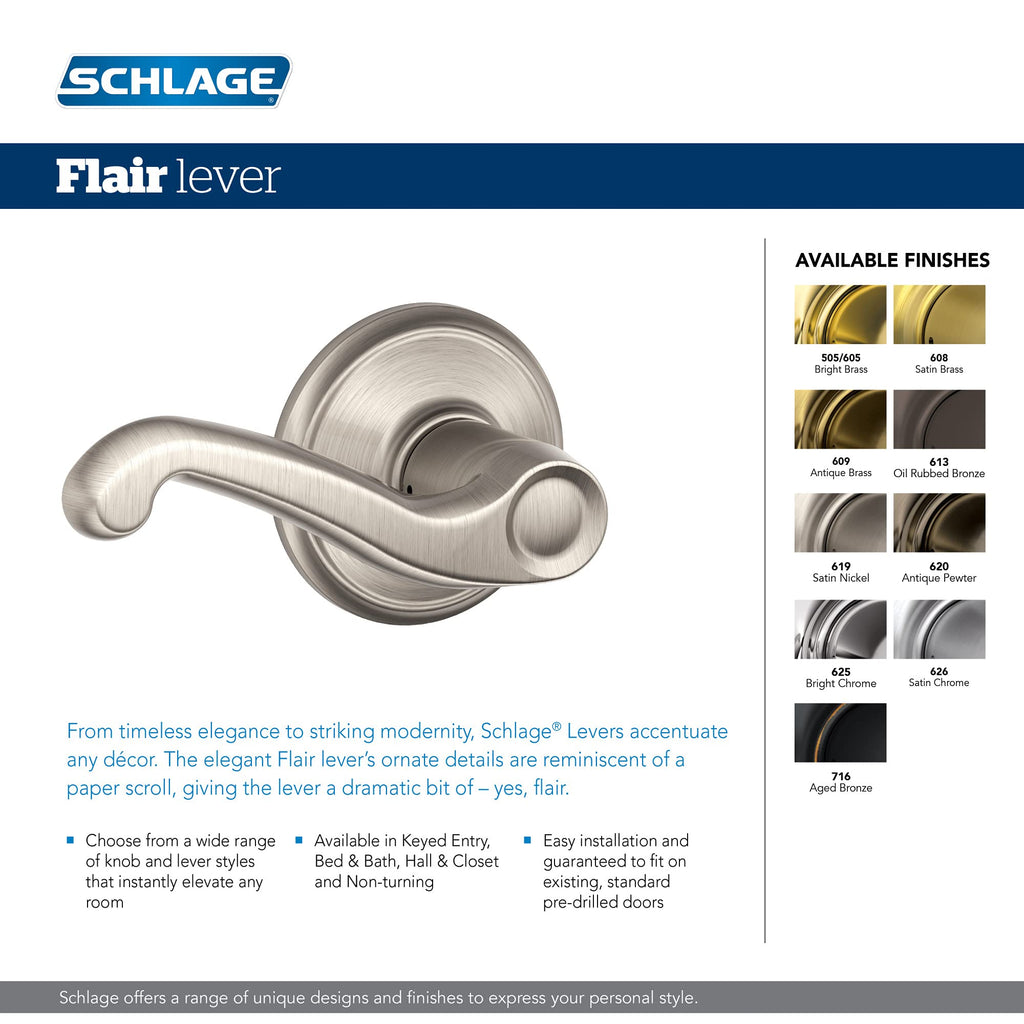 Schlage F10 FLA 609 Flair Door Lever, Hall & Closet Passage Lock, Antique Brass