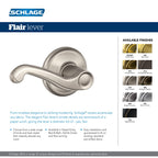 Schlage F10 FLA 609 Flair Door Lever, Hall & Closet Passage Lock, Antique Brass