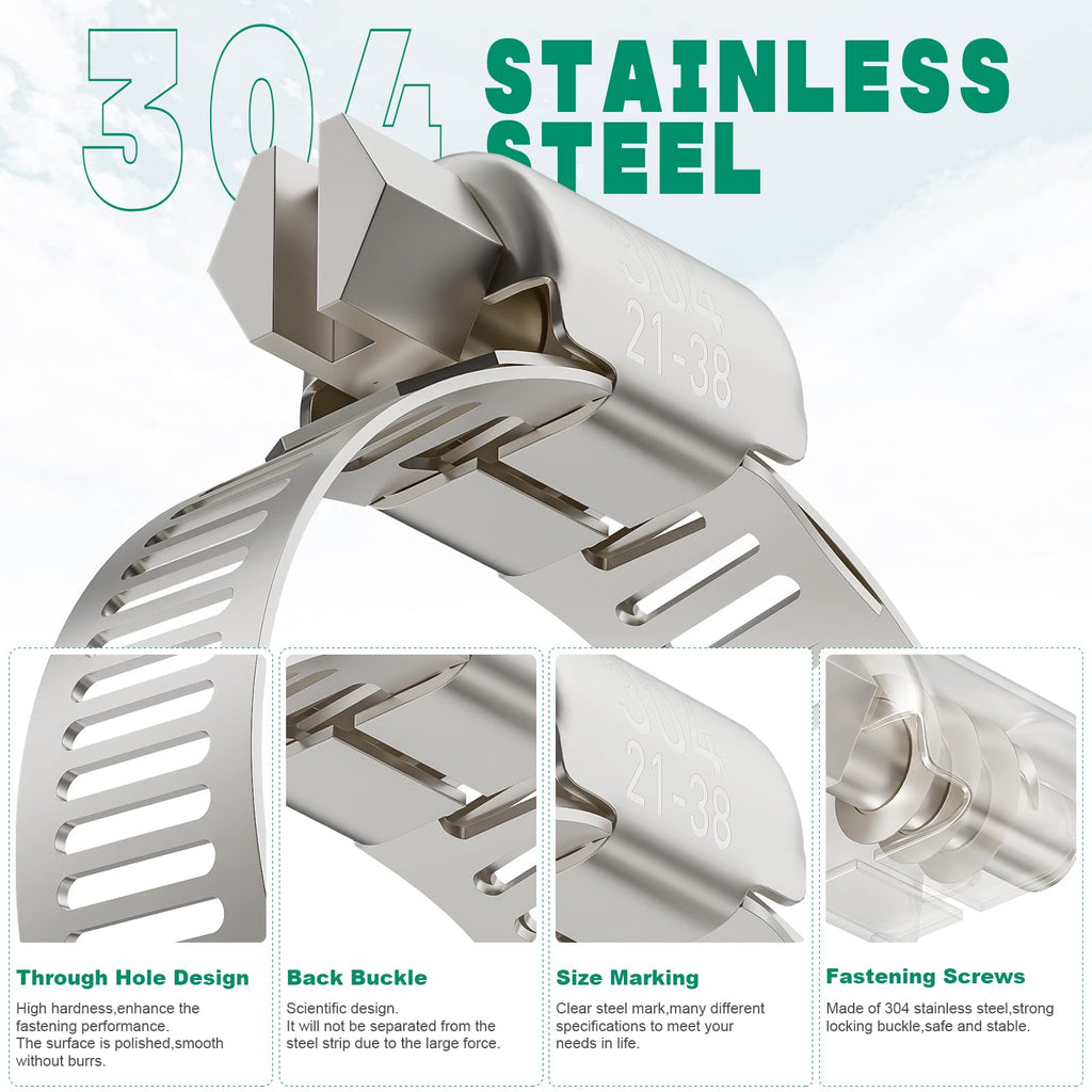 OURU 10PCS Hose Clamps Stainless Steel Adjustable 1-5/16"-2-1/4"(33-57mm)