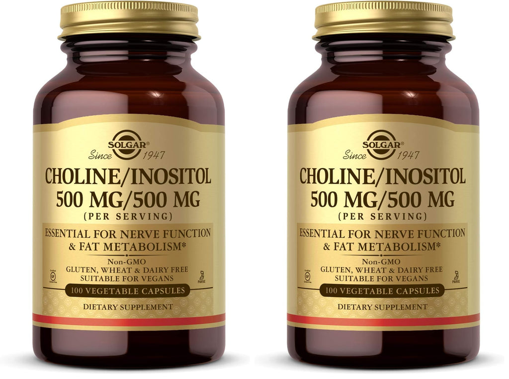 Solgar Choline/Inositol 500 mg/500 mg,100 Vegetable Capsules-Energy Metabolism,Liver Health,Essential for Brain&Nerve Function-Non-GMO,Vegan,Gluten Free,Dairy Free,Kosher-50 Servings,(Pack of 2)