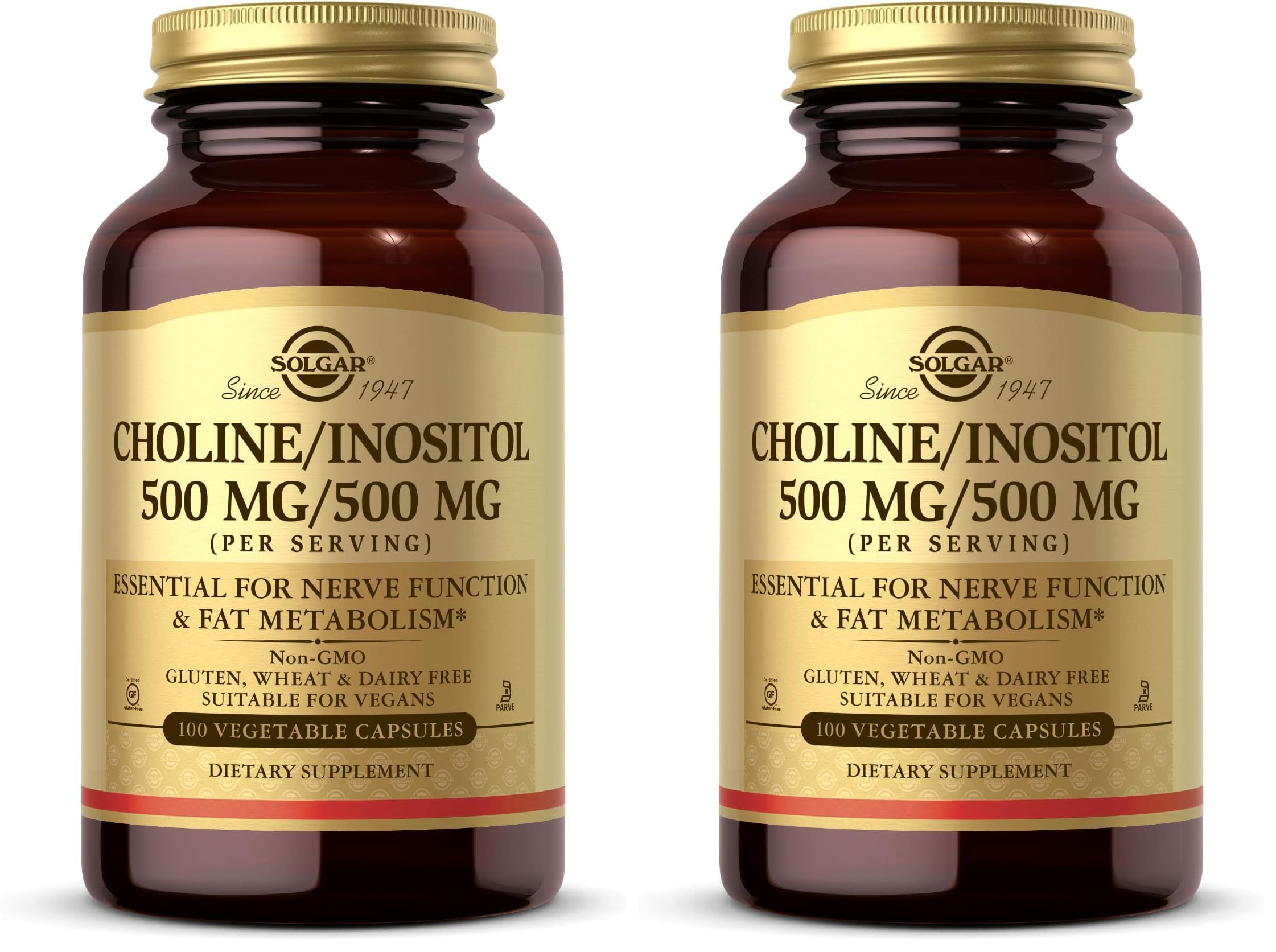 Solgar Choline/Inositol 500 mg/500 mg,100 Vegetable Capsules-Energy Metabolism,Liver Health,Essential for Brain&Nerve Function-Non-GMO,Vegan,Gluten Free,Dairy Free,Kosher-50 Servings,(Pack of 2)