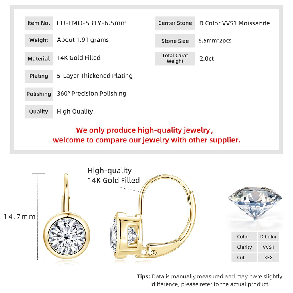 AOKSUNS Moissanite Leverback Hoop Earrings for Women, 14K Gold Plated Bezel Set Imitation Diamond Drop Earrings (Golden-2CTTW)
