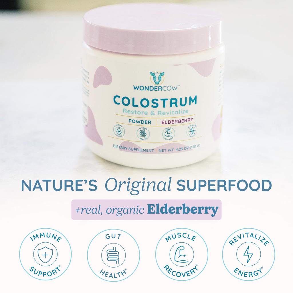 WONDERCOW Colostrum Supplement Powder for Gut Health, Immune Support & Wellness | Natural IgG Pure Whole Bovine Colostrum Superfood, Elderberry, 60 Servings