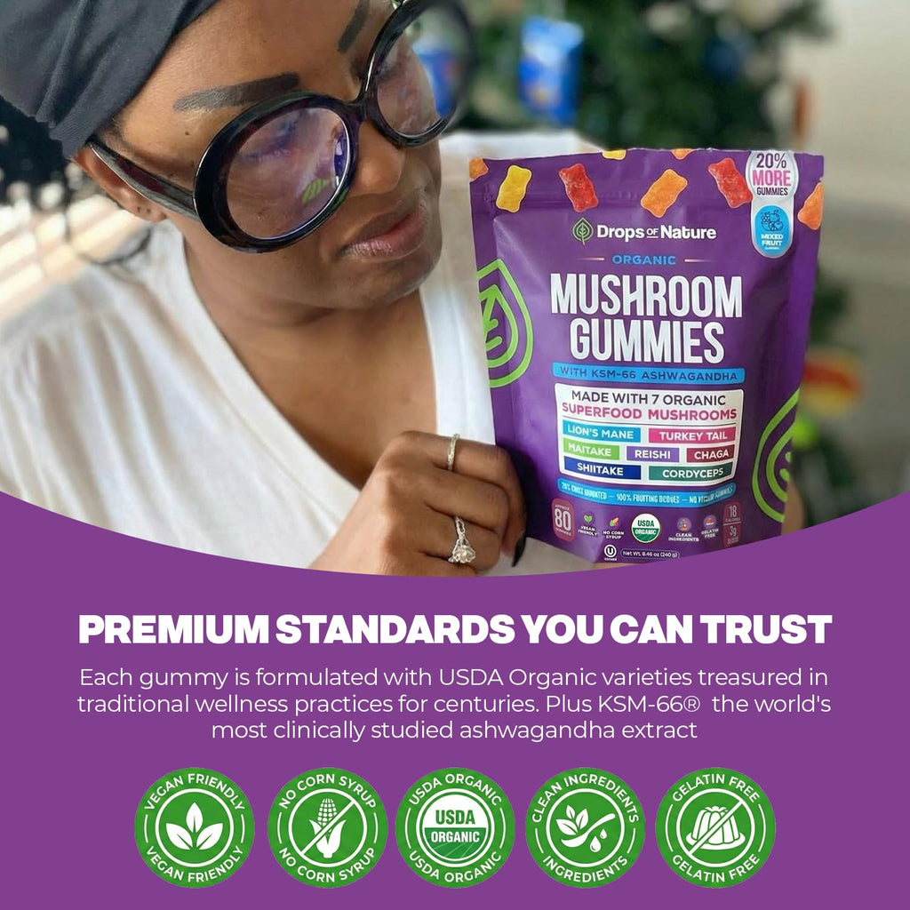 Drops Of Nature Ashwagandha Gummies & Lions Mane Mushroom Supplement – Turkey Tail, Maitake, Reishi, Chaga, Shiitake, Cordyceps – Organic & Low Carb Mushroom Gummies – Immune Wellness (80 Gummy Bears)