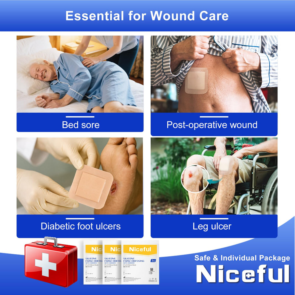 Silicone Foam Dressing 4"x4"(10 PCS), Waterproof Silicone Large Bandages for Wound with Border Adhesive, High Absorbency Bed Sore Bandages Wound Care Dressing (2.5"X2.5" Pad)