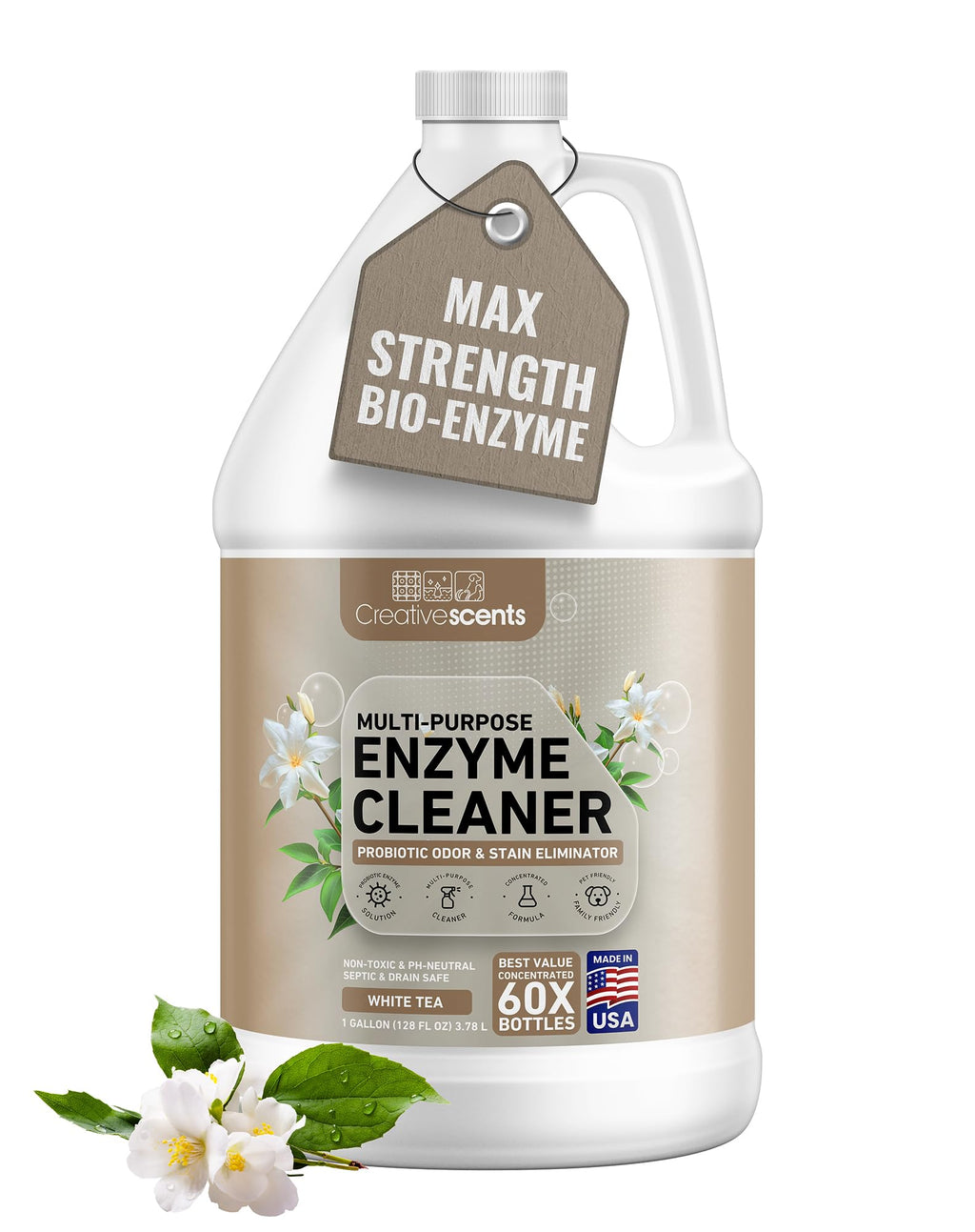 Creative Scents Multipurpose Enzyme Cleaner & Odor Remover | Super Concentrated for Floor, Carpet, Drain | Pet Urine Odor Eliminator | Enzyme Cleaner for Cat Urine & Dog Poop | 1 Gallon - White Tea