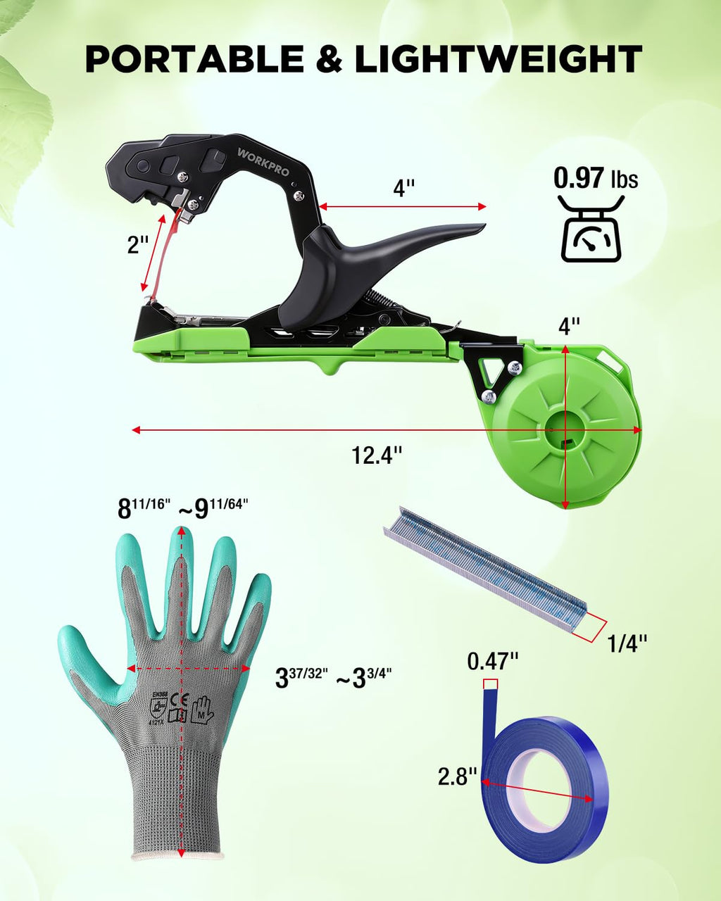 WORKPRO Plant Tying Machine with Gloves & 20 Rolls of Tape & 10,000 Staples