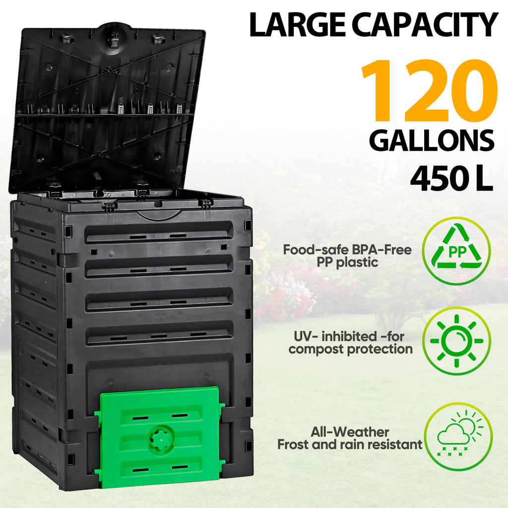 120 Gallon (450L) BPA Free Garden Compost Bin - Easy Assembly, Aerating Outdoor Compost Box for Fast Fertile Soil Creation