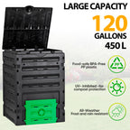 120 Gallon (450L) BPA Free Garden Compost Bin - Easy Assembly, Aerating Outdoor Compost Box for Fast Fertile Soil Creation
