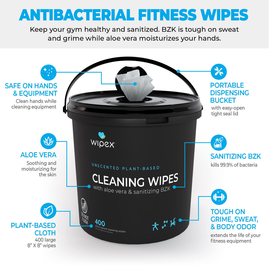 Wipex Gym Wipes Bundle - Get 2 Buckets (1) Lavender Plant-Based Fitness Equipment Wipes & (1) Sanitizing BZK for Skin, Great for Gyms, Yoga Studios, Home, Fitness Centers, 400 Ct (Pack of 2)