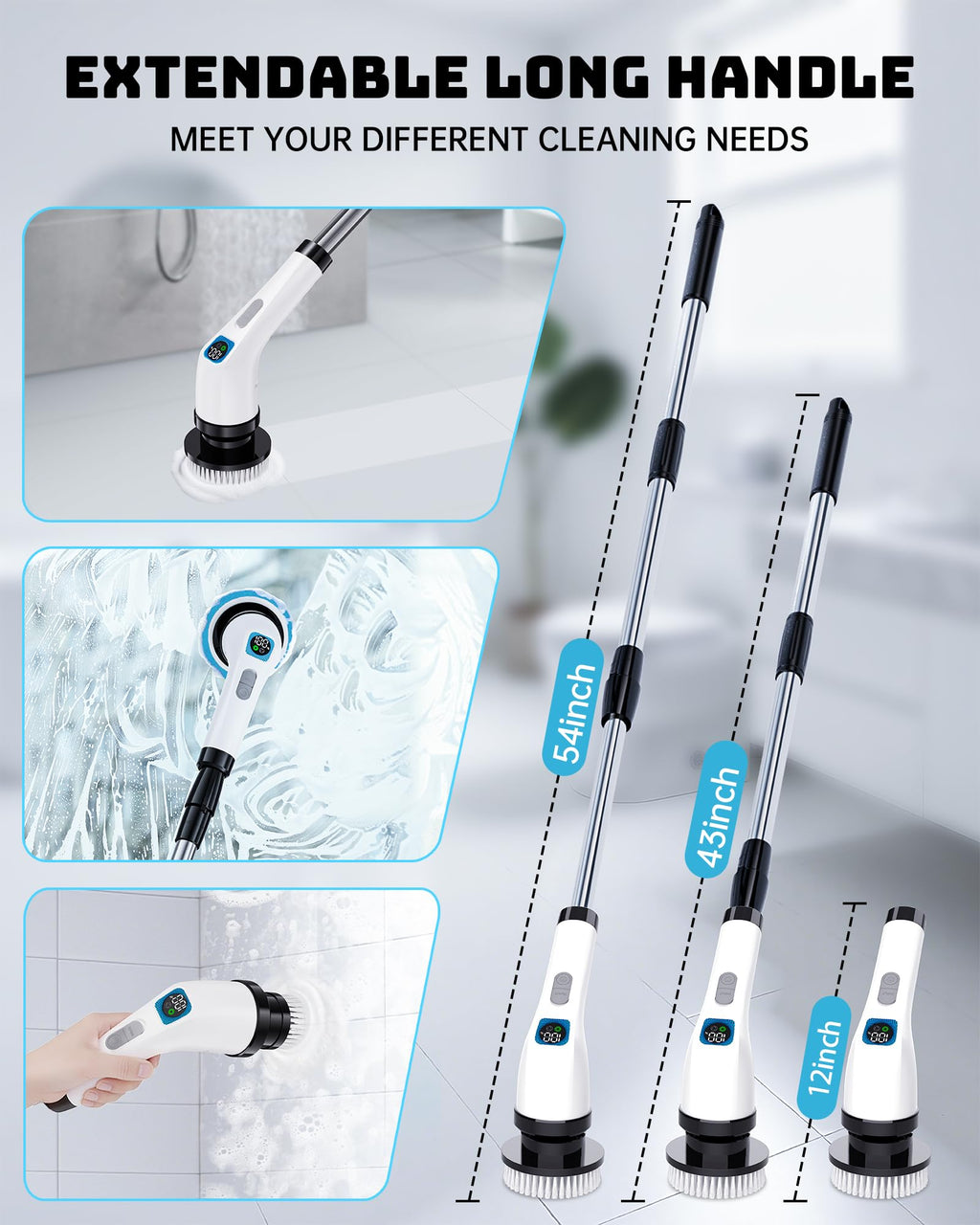 Electric Spin Scrubber, IPX7 Shower Scrubber 7 Replaceable Brush Heads-90Mins Work Time, 2-Speed Adjustable Bathroom Scrubber 3-Height Adjustable Handle Cordless Tub Scrubber for Bathtub Kitchen Glass