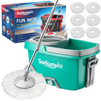 Sarkunpio Mop and Bucket Set with Wringer, Spin Mop Floor Cleaning System with 6 Replacement Microfiber Heads & 61" Extra-Long Handle for Home Floor, Blue