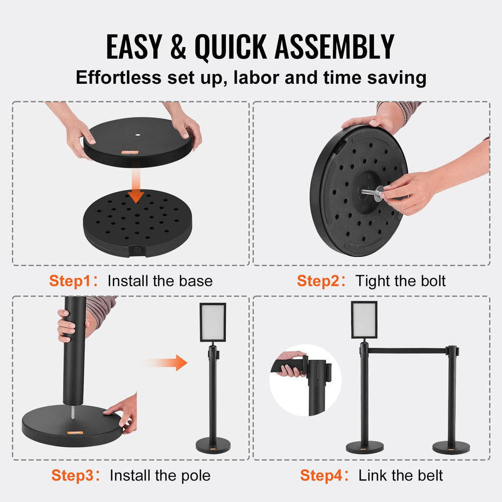 VEVOR Crowd Control Stanchions, 6-Pack Crowd Control Barriers, Carbon Steel Baking Painted Stanchion Queue Post with Sign Holder & 3PCS 6.5FT Retractable Belt, Belt Barrier Line Divider, Easy Assembly