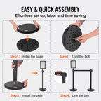 VEVOR Crowd Control Stanchions, 6-Pack Crowd Control Barriers, Carbon Steel Baking Painted Stanchion Queue Post with Sign Holder & 3PCS 6.5FT Retractable Belt, Belt Barrier Line Divider, Easy Assembly