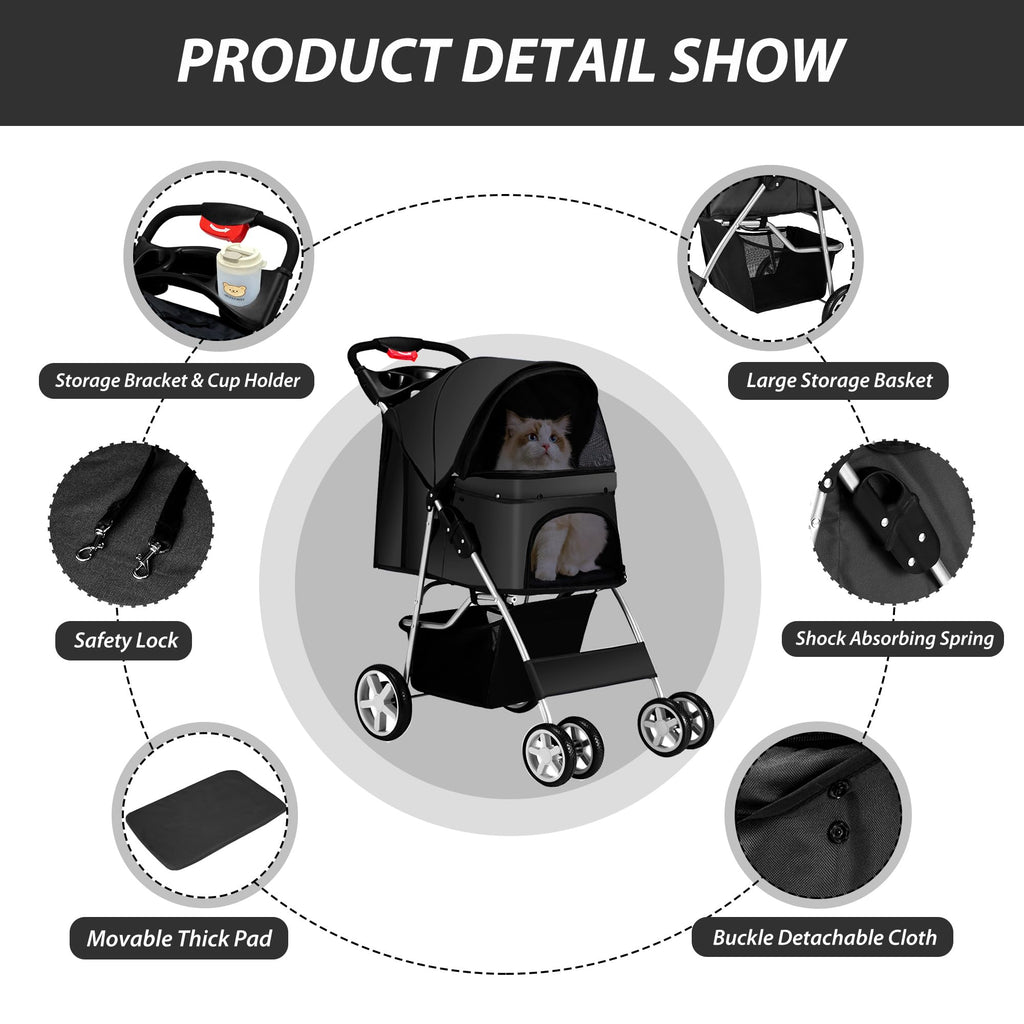 Unisakey 4 Wheels Pet Stroller for Small Medium Dogs Cats 10-33 lbs, Foldable Dog and Cat Stroller with Cup Holder & Storage Basket & Breathable Mesh, Pet Strolling Cart for All-Season, Black