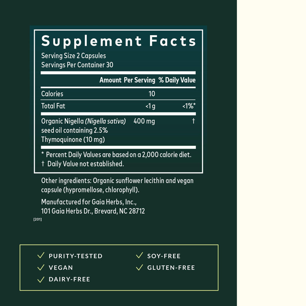 Gaia Herbs Black Seed Oil - Cold-Pressed Capsules with Nigella Seed Traditionally Used for Lung, Respiratory & Antioxidant Support* - Herbal Supplement - 60 Vegan Liquid Phyto-Caps (30 Servings)