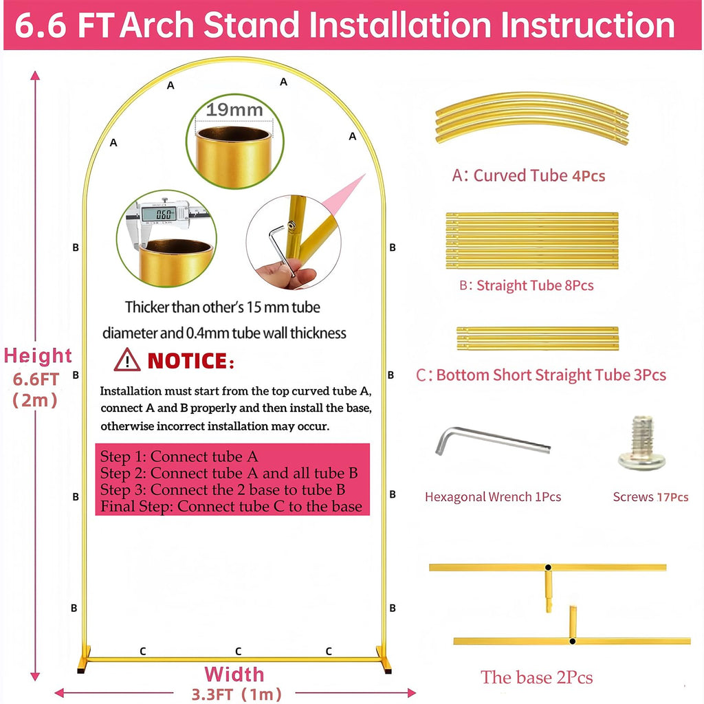6.6FT Metal Arch Backdrop Stand Gold Wedding Balloon Frame Pergola Arbor