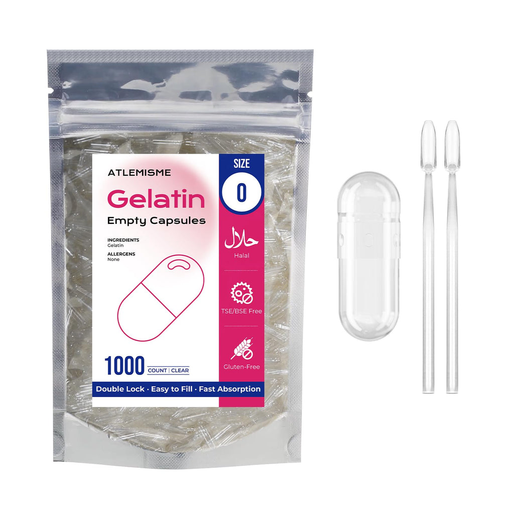 ATLEMISME Empty Gelatin Capsules Size 0 - Clear Empty Capsules 1000 Count - Kosher and Halal Pure Gelatin Pill Capsule - DIY Powder Filling - Fillable Gel Caps for Do-It-Yourself Supplements