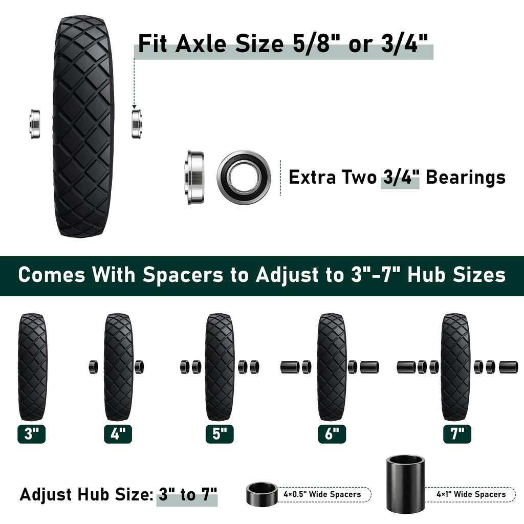 Upgraded 16" Flat Free Wheelbarrow Tire and Wheel, 4.80/4.00-8 Heavy Duty Solid Tire with 5/8" & 3/4" Bearings, 3"-7" Adjustable Hub - Universal for Wheelbarrows, Garden Trailer/Hand Truck - Black