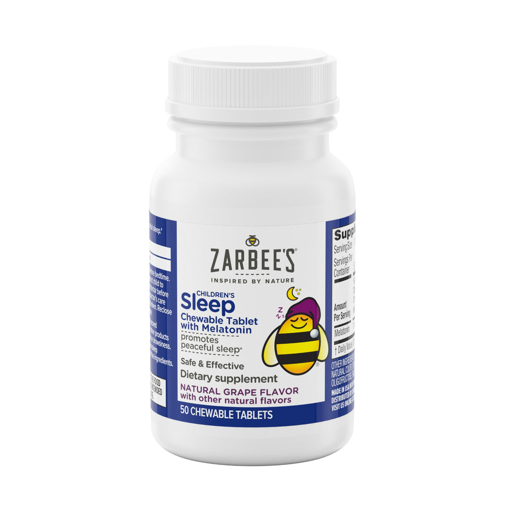 Zarbee's Kids Melatonin Chewable Tablet, 1mg Melatonin, Drug-Free & Effective Sleep Supplement, Natural Grape Flavor, No Artificial Sweeteners or Dyes, Gluten Free, Ages 3+, 50 ct