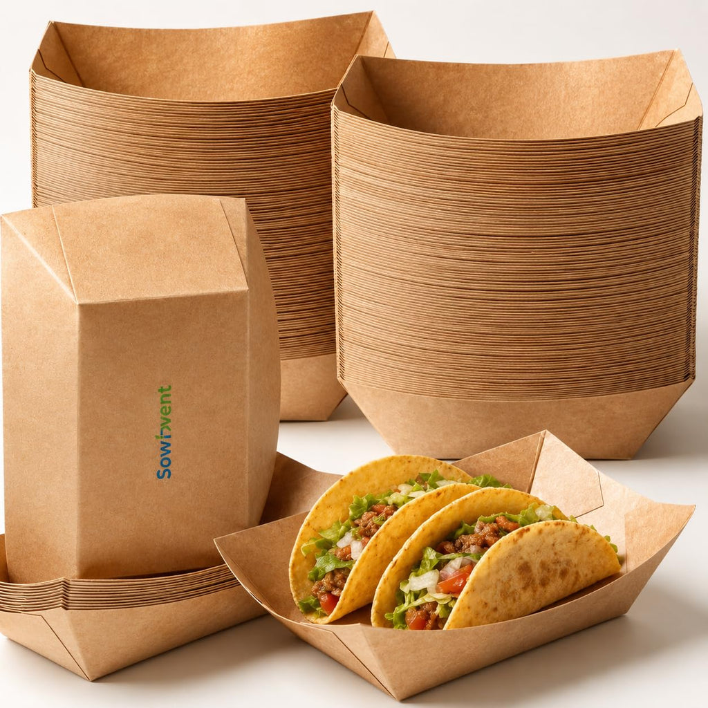 Sowinvent Disposable Kraft Paper Food Trays 4lb 200 Count, Oil Leak Proof Paper Food Boats & Hot Dog Trays, Disposable Serving Boats for Gameday, BBQ, Party, Burgers, Tacos, Fries