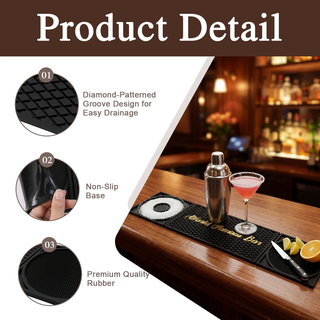 Bar Mat 3-in-1 Non-Slip Bartender Mat, Bar Accessories Countertop Mat 24 x 6 Inch with Spill Catching Surface, Bar Drip Mat for Home, Outdoor & RV Bar Setup（Black）