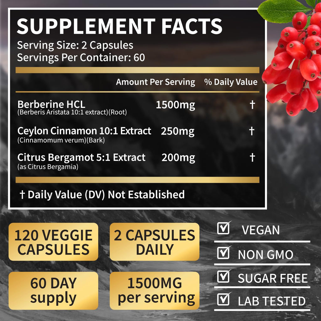 LSOIUX Berberine HCL 1500mg for Weight Loss with Ceylon Cinnamon & Citrus Bergamot | Triple Action Formula for Metabolic Support* | Third-Party Tested Certified, Vegan Capsules, 120 Count