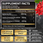 LSOIUX Berberine HCL 1500mg for Weight Loss with Ceylon Cinnamon & Citrus Bergamot | Triple Action Formula for Metabolic Support* | Third-Party Tested Certified, Vegan Capsules, 120 Count