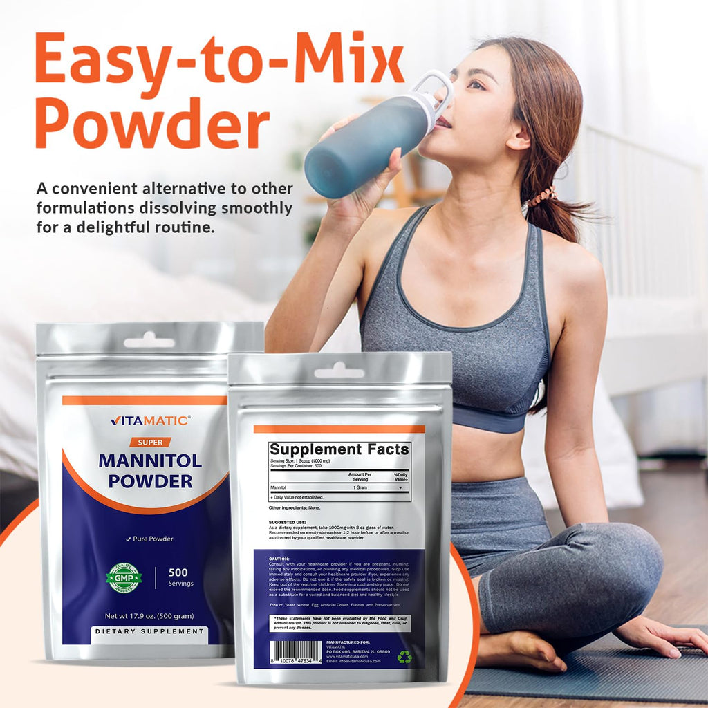 Vitamatic Mannitol Powder - Sweetener, Sugar Substitute, Natural & Gluten Free, 1000 mg per Servings, 500 Servings, 500 Gram