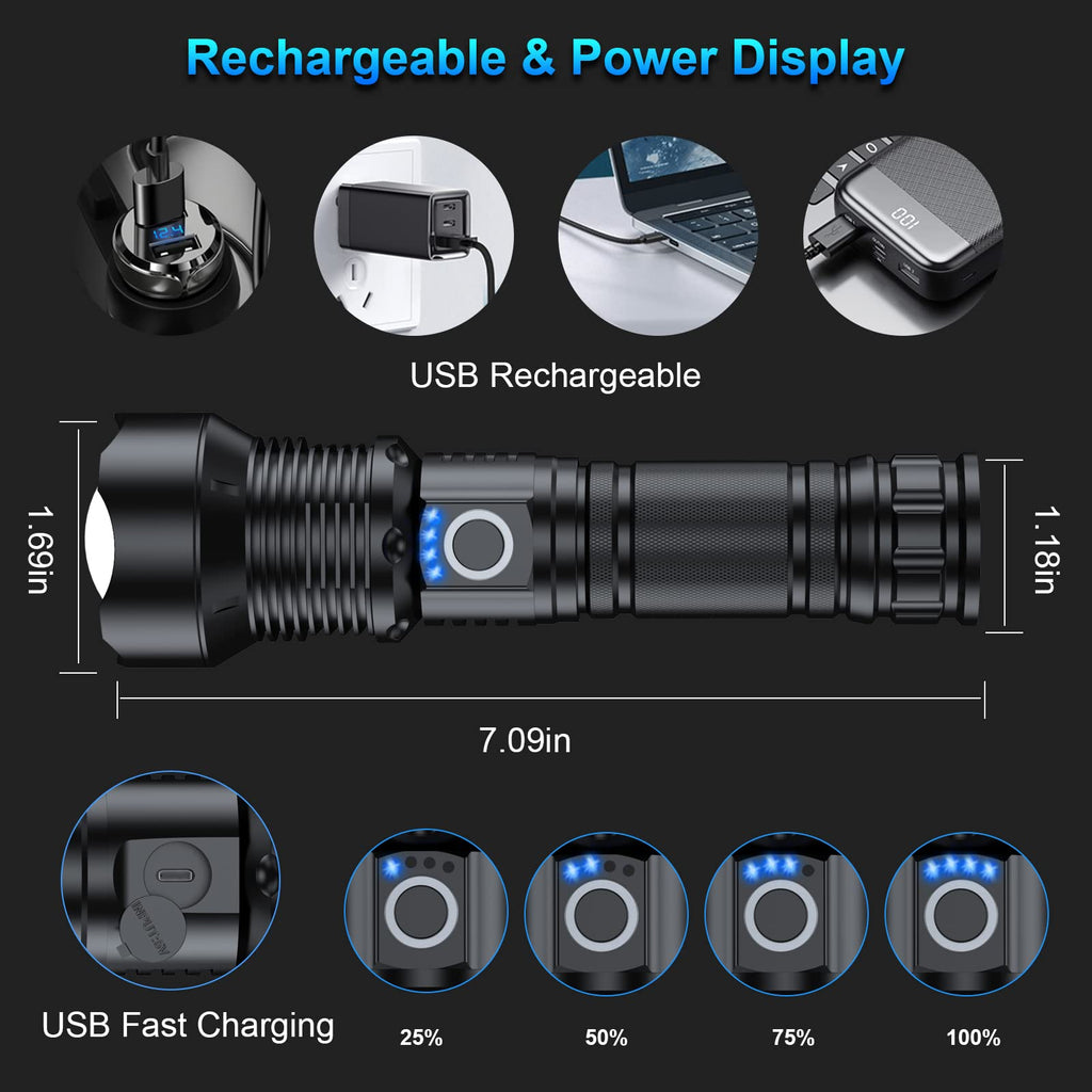 MILAOSHU Rechargeable Flashlights 90000 High Lumens - 2 Pack, Super Bright 12 Hours Long Life LED Flashlight with 5 Modes, High Powered Flash Light for Home, Outdoor