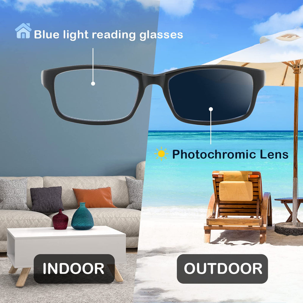 SUNAMOY Wide Reading Glasses For Men Blue Light Blocking Computer Readers Stylish Designer Sport Cheater Large Head Frame Nice Black Photochromic Tinted Dark Transition Eyeglasses 2 Packs