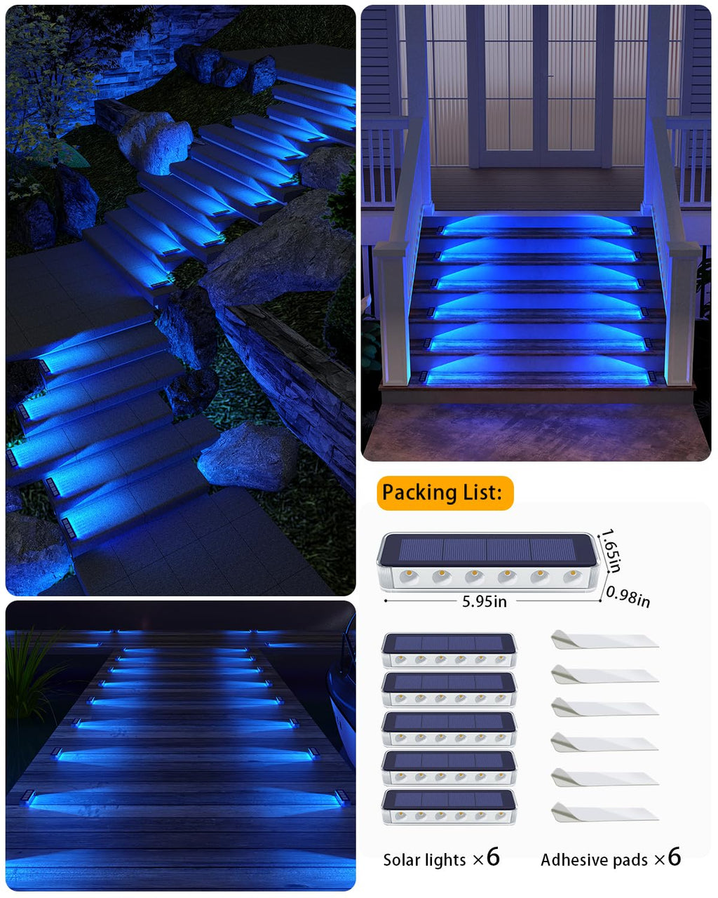 DetarZinLED Blue Solar Lights for Outside,6 Pack Solar Deck Lights Outdoor Waterproof LED,Blue Step Light for Outside,Dock Light Solar Powered Waterproof for Deck,Steps,Dock,Driveway,Stair,Path