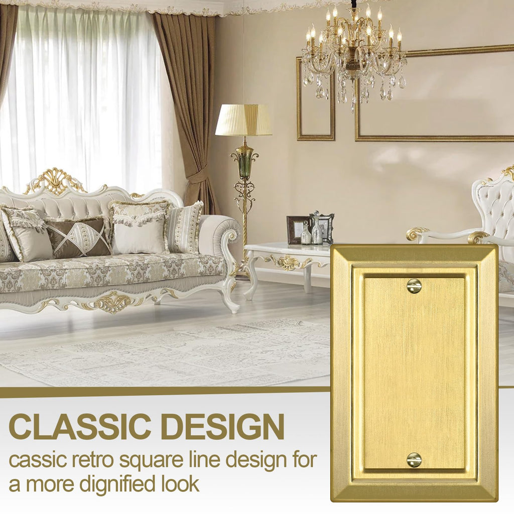 Metal Wall Plate for Electrical Outlets, Decorative Brass Gold Switch Plates Outlet Cover, Light Switch Cover Plate, 1-Gang Wall Plates (Single blank, 4 Pack)